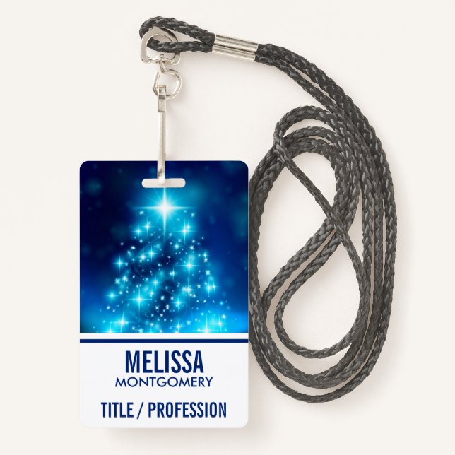 Cool Blue Christmas Tree with Sparkling Lights ID Badge (Front with Lanyard)