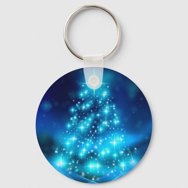 Cool Blue Christmas Tree with Sparkling Lights Key Ring (Front)