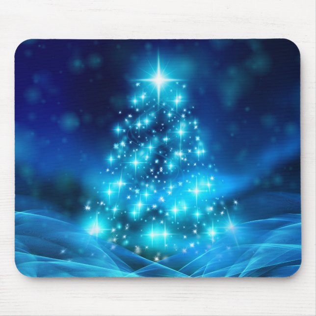 Cool Blue Christmas Tree with Sparkling Lights Mouse Mat (Front)