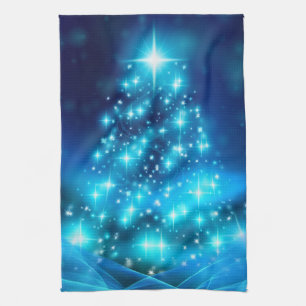 Cool Blue Christmas Tree with Sparkling Lights Tea Towel