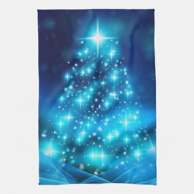 Cool Blue Christmas Tree with Sparkling Lights Tea Towel (Vertical)