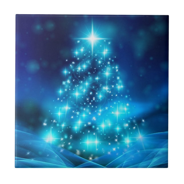 Cool Blue Christmas Tree with Sparkling Lights Tile (Front)