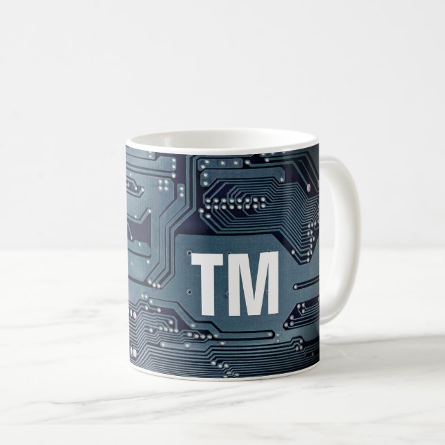 Cool Blue Circuit Board Photo Bold Monogram Coffee Mug (Front Right)