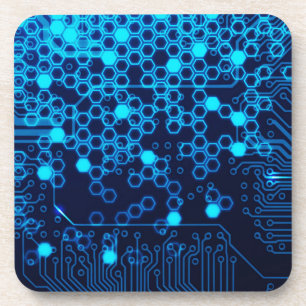 Cool Blue Electronic Circuit Board Hexagon Pattern Coaster