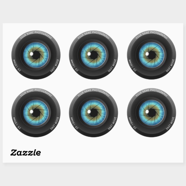 Cool Blue Eye Camera Lens Custom Name Photographer Classic Round Sticker (Sheet)