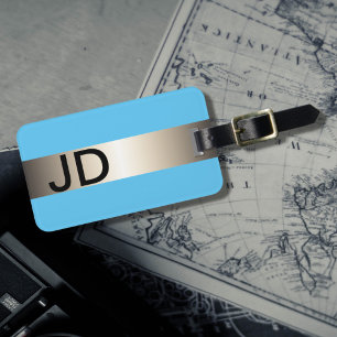 Cool Blue Faux Metal Stripe Bold Monogram Luggage Tag
