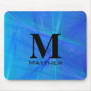 Cool Blue Fractal Black Monogram Mouse Mat
