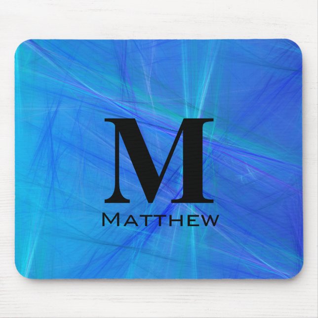 Cool Blue Fractal Black Monogram Mouse Mat (Front)
