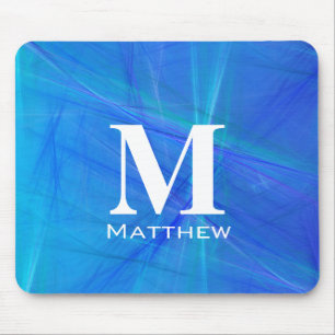 Cool Blue Fractal White Monogram Name Mouse Mat