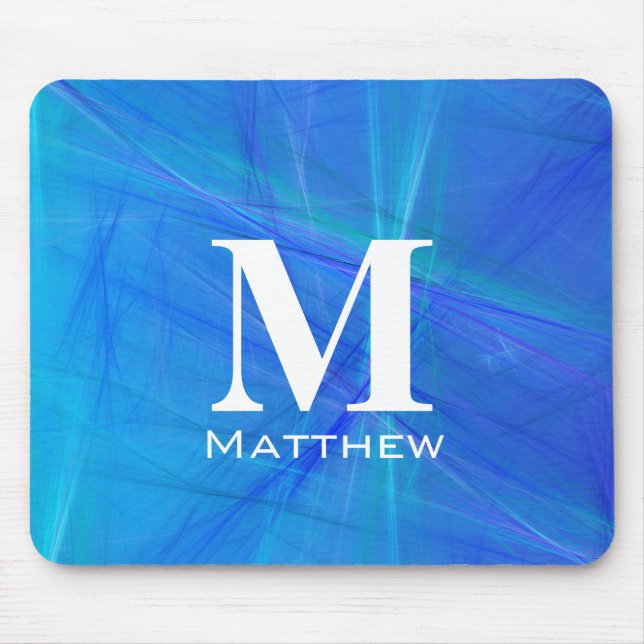 Cool Blue Fractal White Monogram Name Mouse Mat (Front)