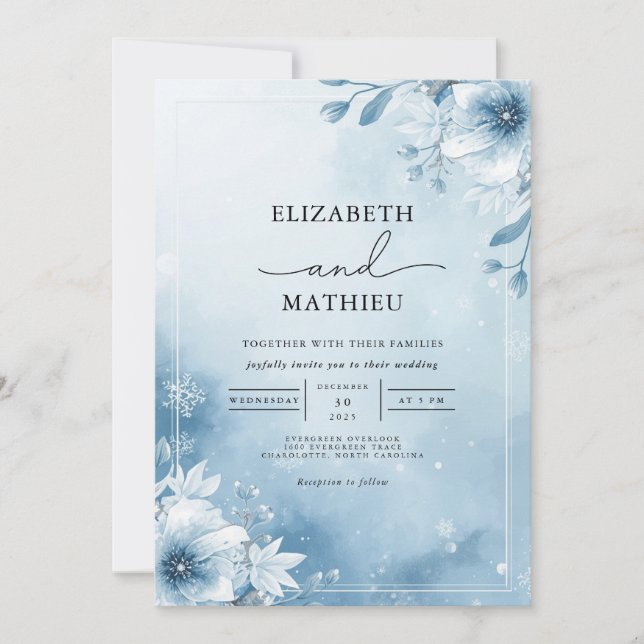 Cool Blue Frost Bloom Wedding Invitation (Front)