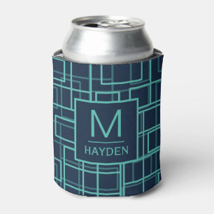 Cool Blue Geometric Grid Pattern Personalised Can Cooler