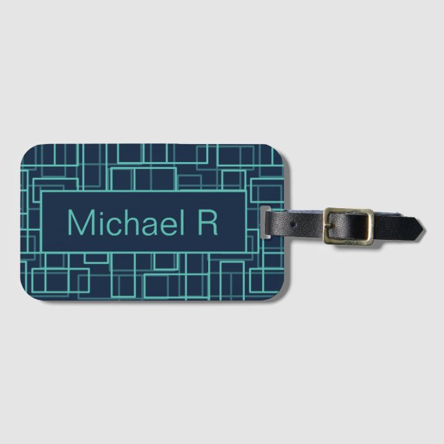 Cool Blue Geometric Grid Pattern Personalised Luggage Tag (Front Horizontal)