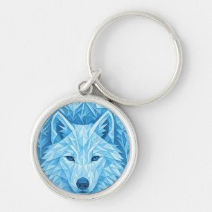 Cool Blue Geometric Wolf Low Poly Abstract Art Key Ring