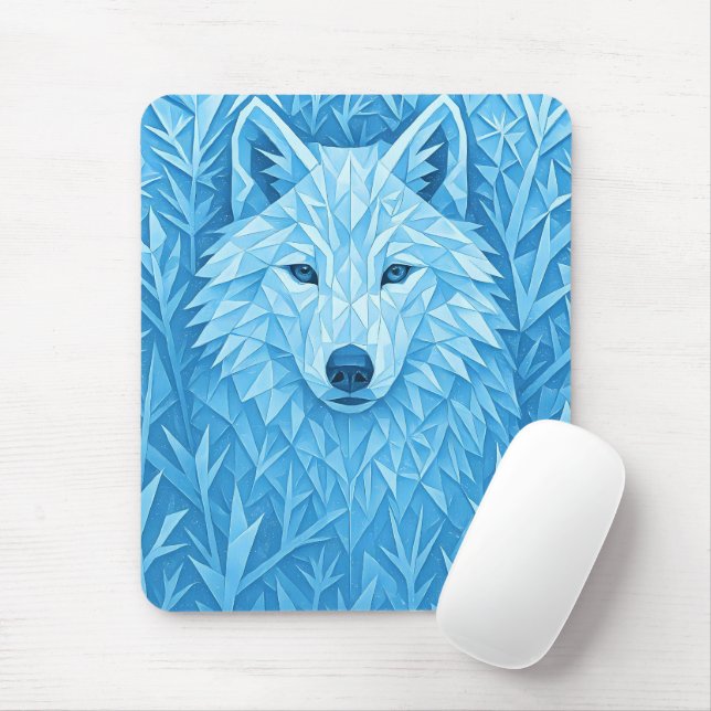 Cool Blue Geometric Wolf Low Poly Abstract Gaming Mouse Mat (With Mouse)