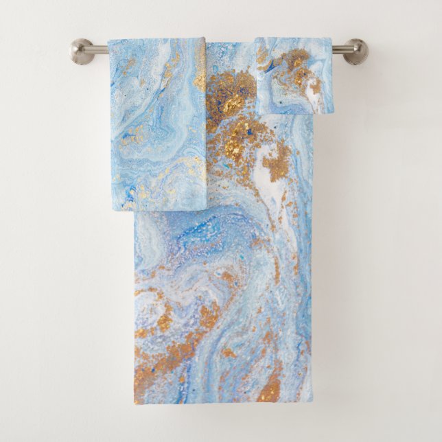 Cool Blue Gold Marble Stone Bath Towel Set (Insitu)