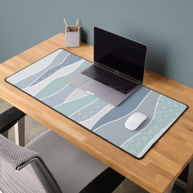 Cool Blue Green Curved Stripes Abstract Waves Desk Mat (Office 2)