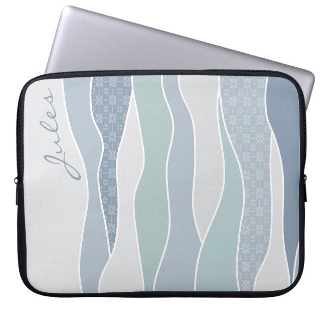 Cool Blue Green Curved Stripes Abstract Waves Name Laptop Sleeve (Front)