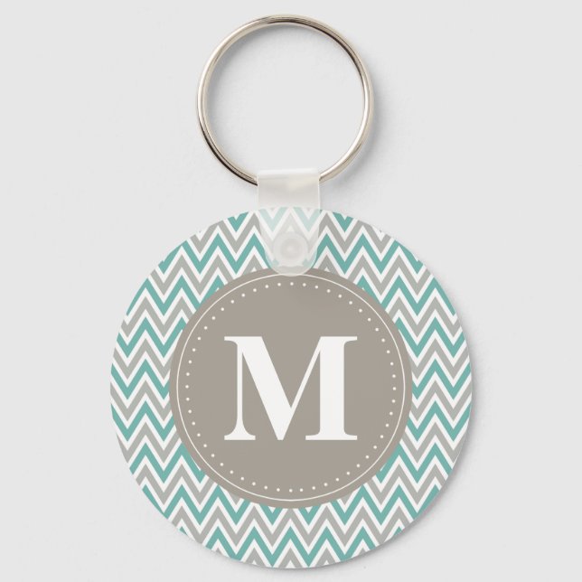 Cool Blue Grey Chevron Pattern Monogram Key Ring (Front)