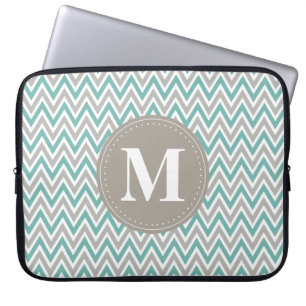 Cool Blue Grey Chevron Pattern Monogram Laptop Sleeve