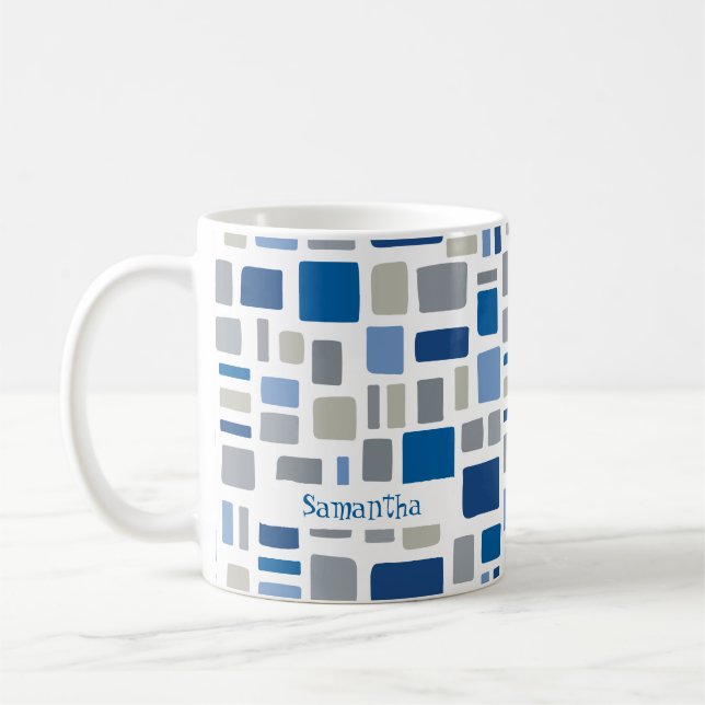 Cool Blue & Grey Colours Wonky Squares & Rectangle Coffee Mug (Left)