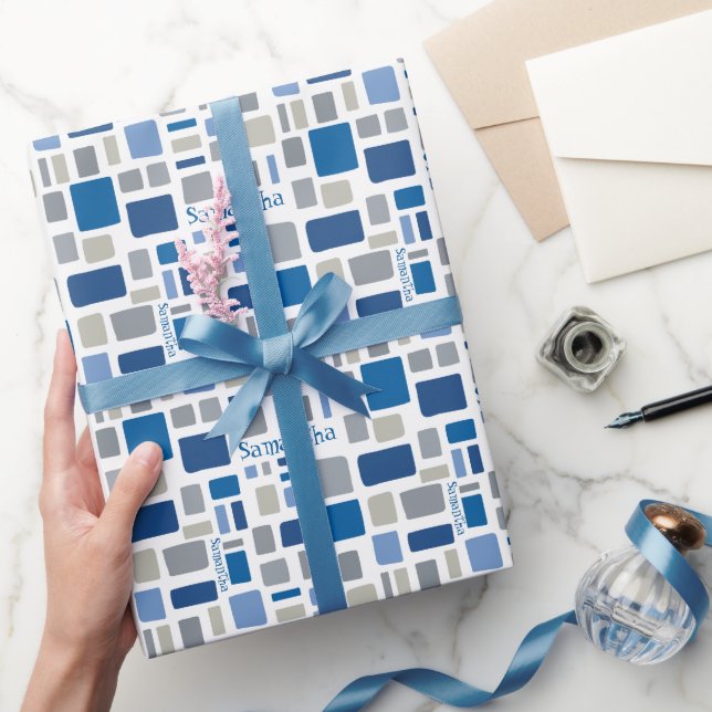 Cool Blue & Grey Colours Wonky Squares & Rectangle Wrapping Paper (Gifting)