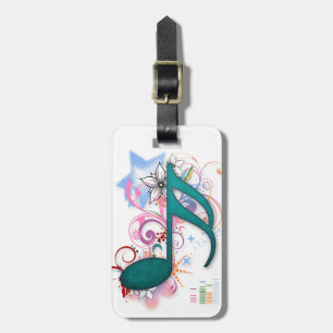 Cool blue grunge music note stars flowers swirls luggage tag