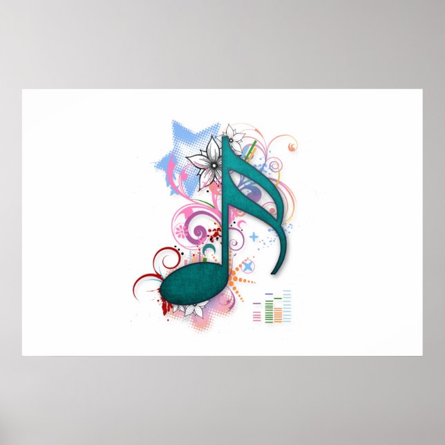 Cool blue grunge music note stars flowers swirls poster (Front)