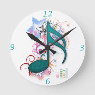 Cool blue grunge music note stars flowers swirls round clock