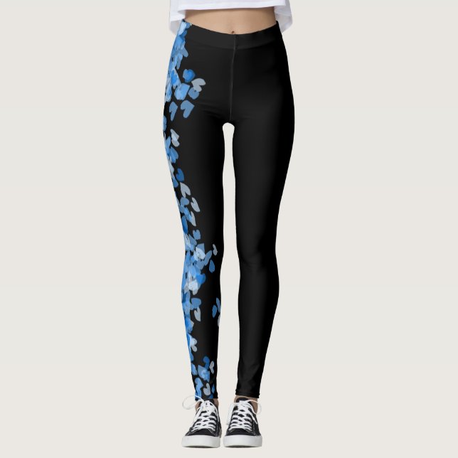 cool blue hearts pattern fashion blue womens black leggings (Front)