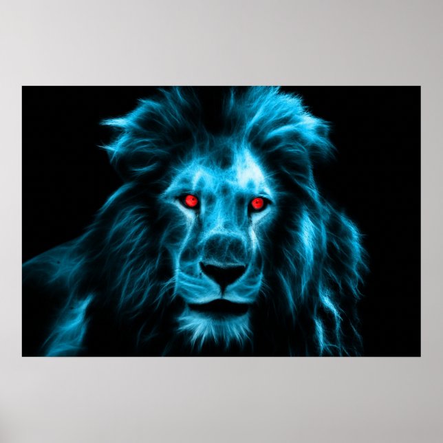 Cool Blue Lion With Blue Eyes Portrait Poster (Front)