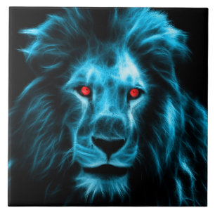 Cool Blue Lion With Blue Eyes Portrait Tile