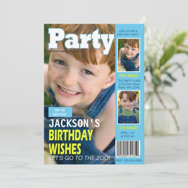 Cool Blue Magazine Cover 3 Photos Birthday Party Invitation (Standing Front)