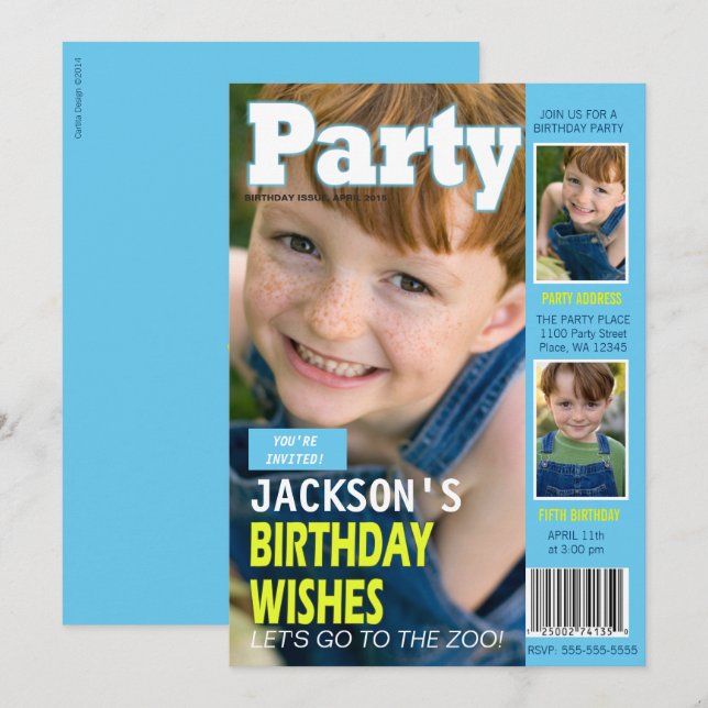 Cool Blue Magazine Cover 3 Photos Birthday Party Invitation (Front/Back)