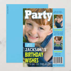 Cool Blue Magazine Cover 3 Photos Birthday Party Invitation