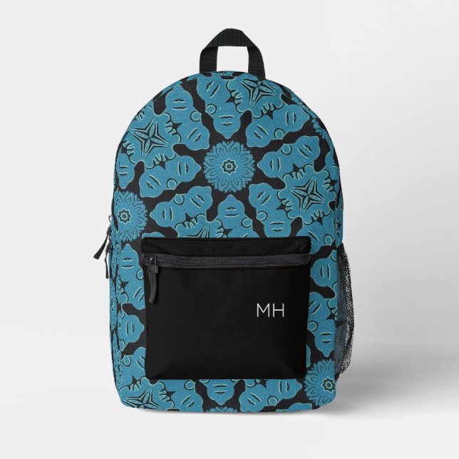 Cool Blue Mandala Pattern Monogram Initials Printed Backpack (Front)