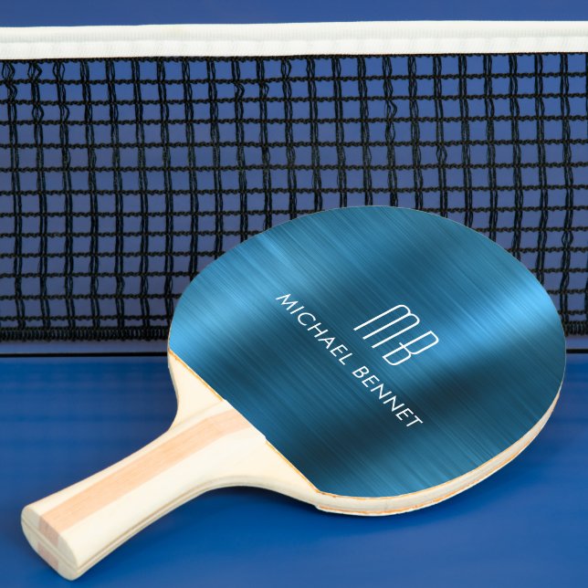 Cool Blue Metallic Monogram Name Ping Pong Paddle (Insitu)