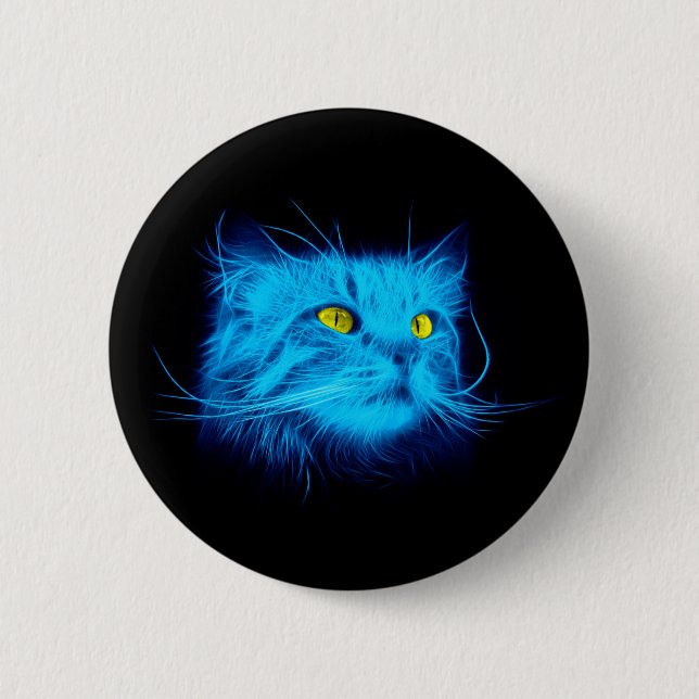 Cool Blue Neon Cat Art - Glowing Animal Design 6 Cm Round Badge (Front)