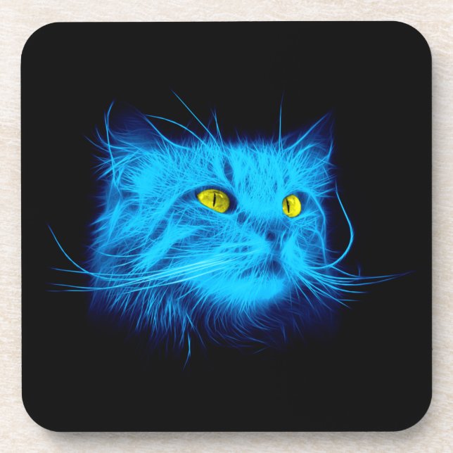 Cool Blue Neon Cat Art - Glowing Animal Design Coaster (Front)