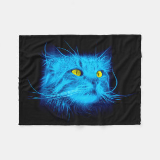 Cool Blue Neon Cat Art - Glowing Animal Design Fleece Blanket