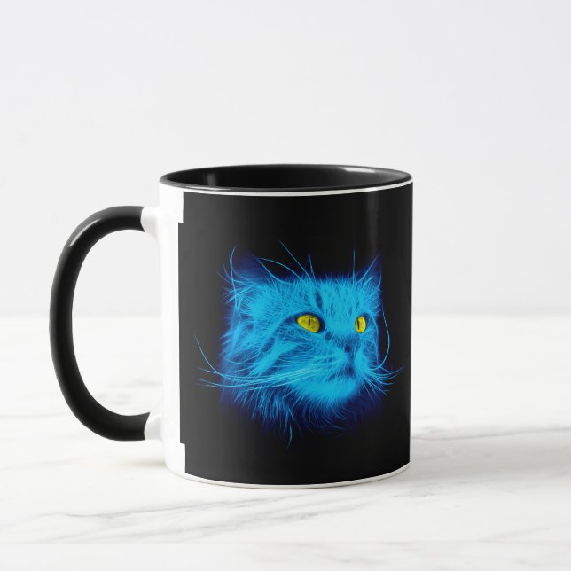 Cool Blue Neon Cat Art - Glowing Animal Design Mug (Left)