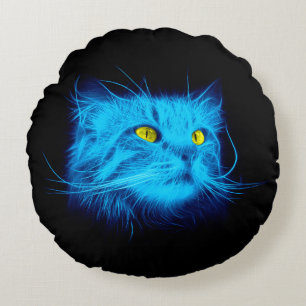 Cool Blue Neon Cat Art - Glowing Animal Design Round Cushion