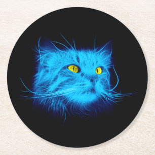 Cool Blue Neon Cat Art - Glowing Animal Design Round Paper Coaster