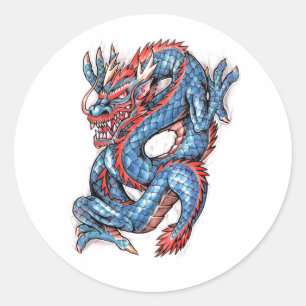 Cool Blue Oriental Dragon Tattoo Classic Round Sticker