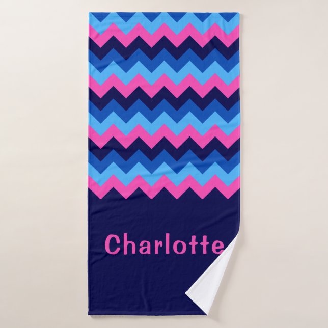 Cool Blue Pink Chevron Monogram Bath Towel (Bath Towel)