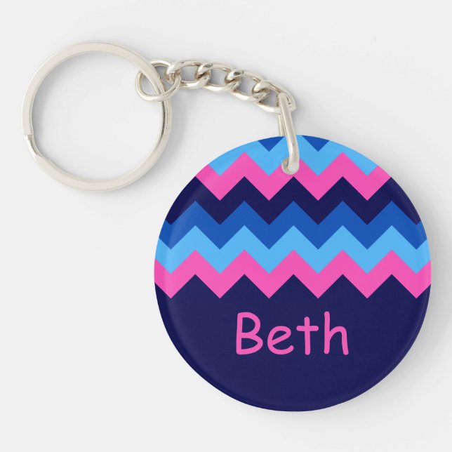 Cool Blue Pink Chevron Monogram Circle Keychain (Front)