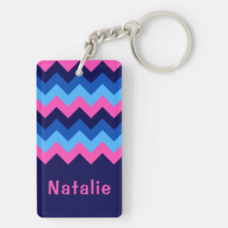 Cool Blue Pink Chevron Monogram Rectangle Keychain