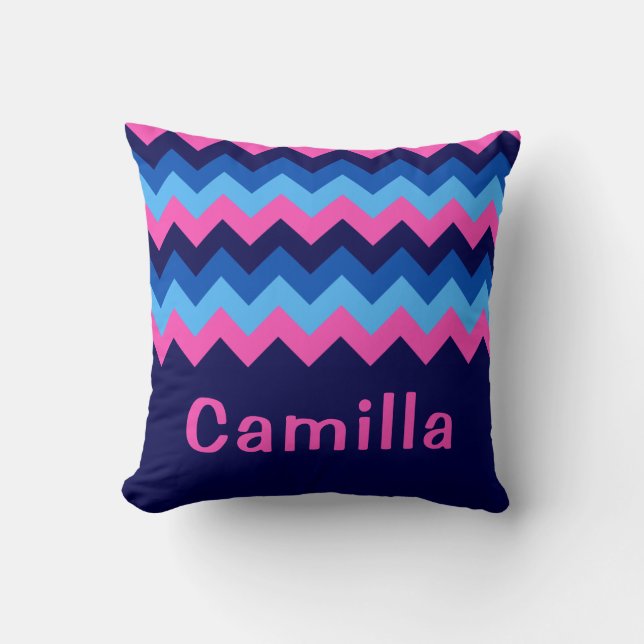 Cool Blue Pink Chevron Monogram Throw Pillow (Front)