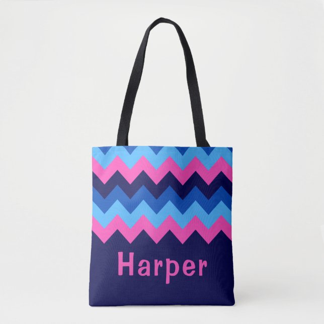 Cool Blue Pink Chevron Monogram Tote Bag (Front)