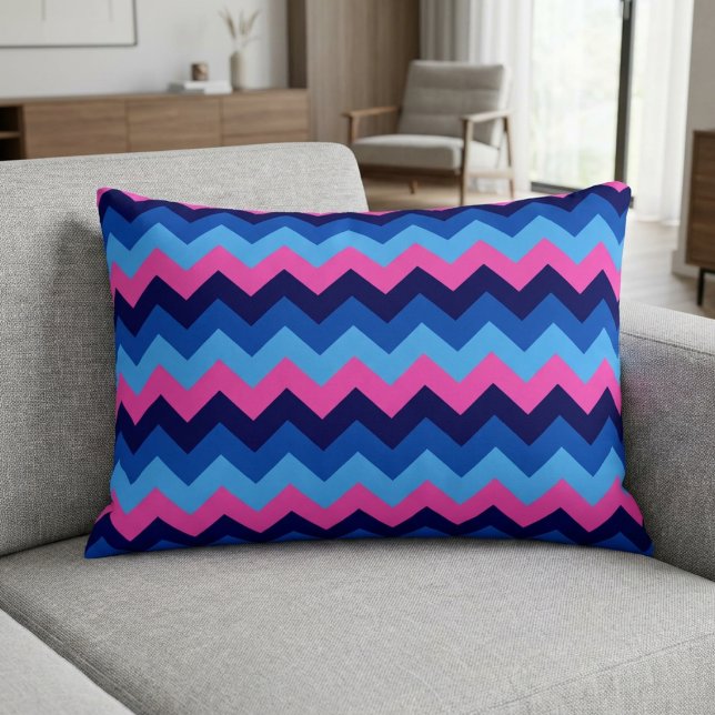 Cool Blue Pink Chevron Pattern Accent Pillow (Cool Blue Pink Chevron Pattern Accent Pillow on sofa couch in a living room.)